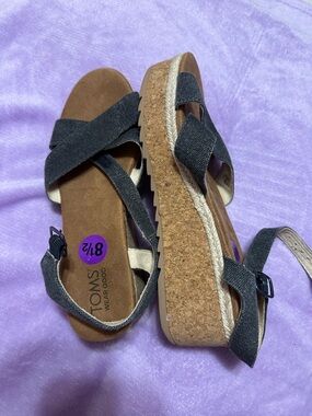 TOMS Black Cork Espadrille Wedge Sandals - Women's